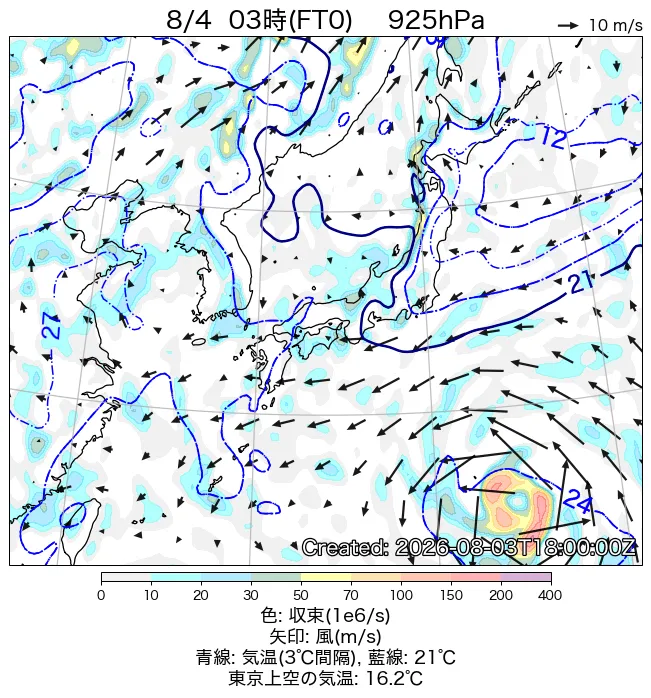 2026年8月4日の日本周辺の925hPa天気図（3時）