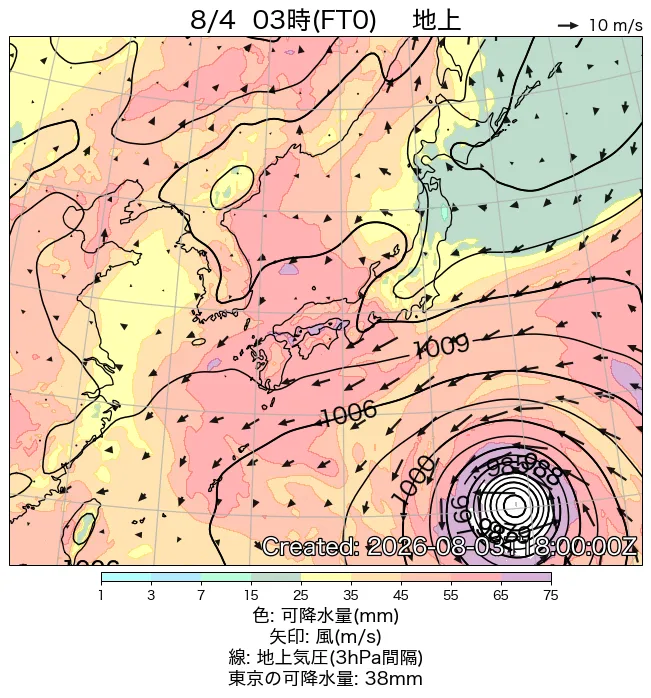 2026年8月4日の日本周辺の地上天気図（3時）
