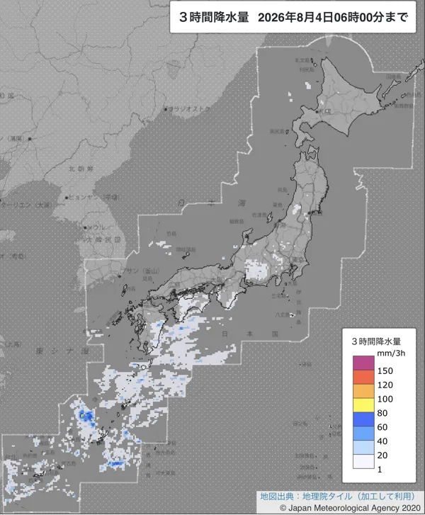 2026年8月4日3〜6時の日本周辺の3時間解析降水量