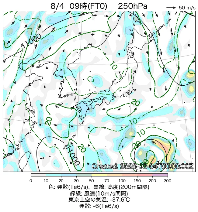 2026年8月4日の日本周辺の250hPa天気図（9時）
