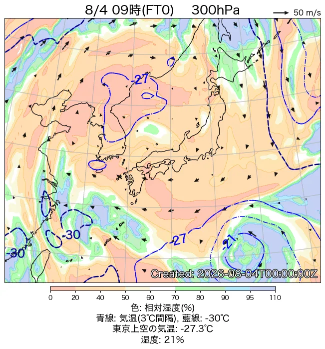 2026年8月4日の日本周辺の300hPa天気図（9時）