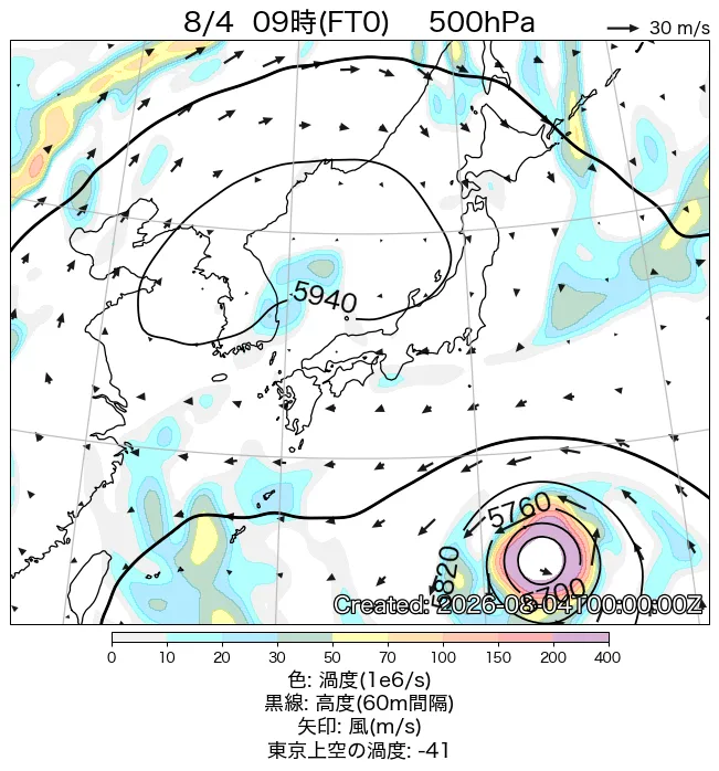 2026年8月4日の日本周辺の500hPa天気図（9時）