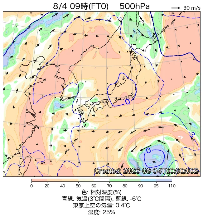 2026年8月4日の日本周辺の500hPa天気図（9時）
