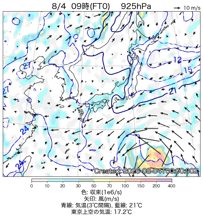 2026年8月4日の日本周辺の925hPa天気図（9時）