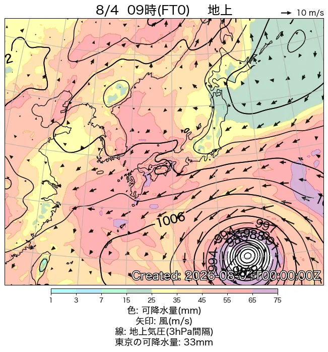 2026年8月4日の日本周辺の地上天気図（9時）