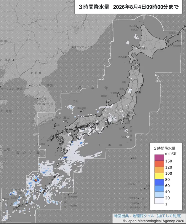 2026年8月4日6〜9時の日本周辺の3時間解析降水量