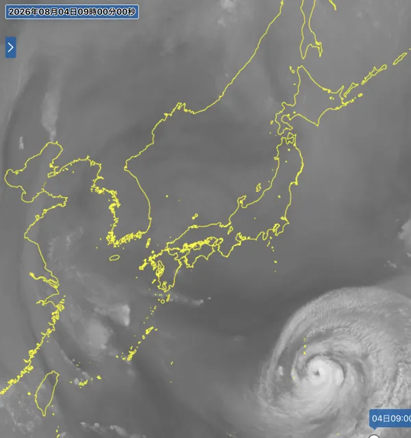 2026年8月4日9時の日本周辺の衛星水蒸気画像
