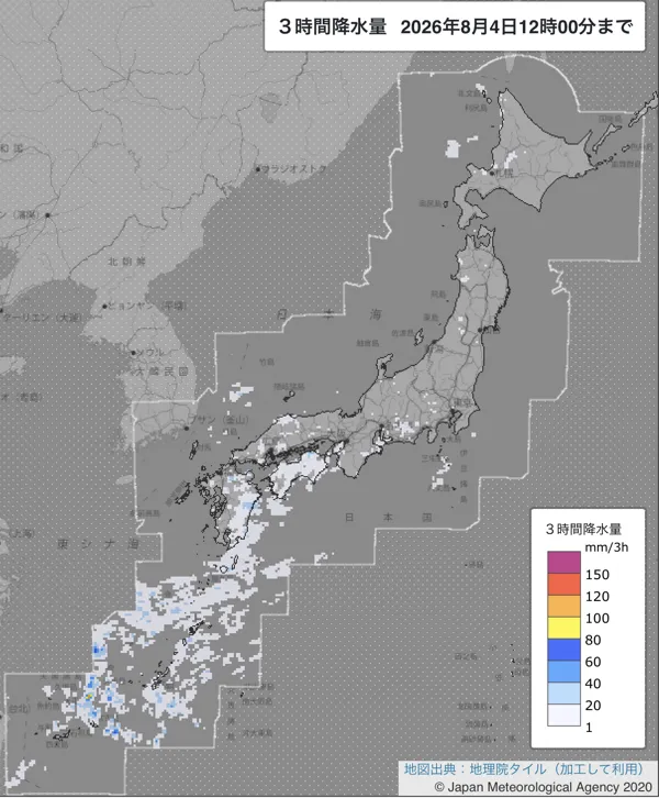 2026年8月4日9〜12時の日本周辺の3時間解析降水量