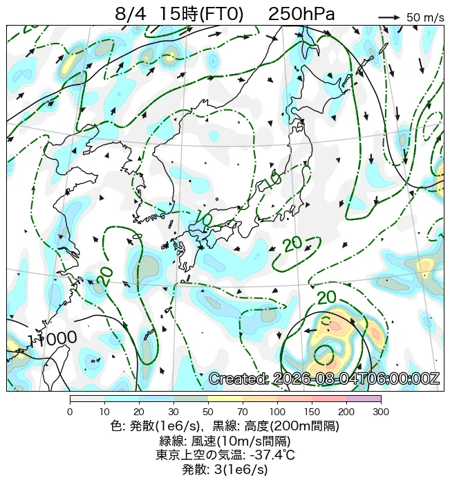 2026年8月4日の日本周辺の250hPa天気図（15時）