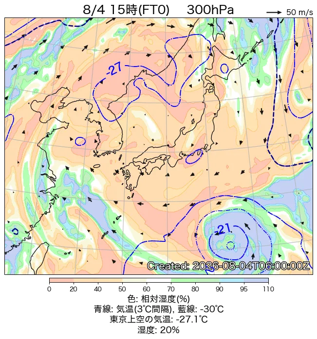 2026年8月4日の日本周辺の300hPa天気図（15時）