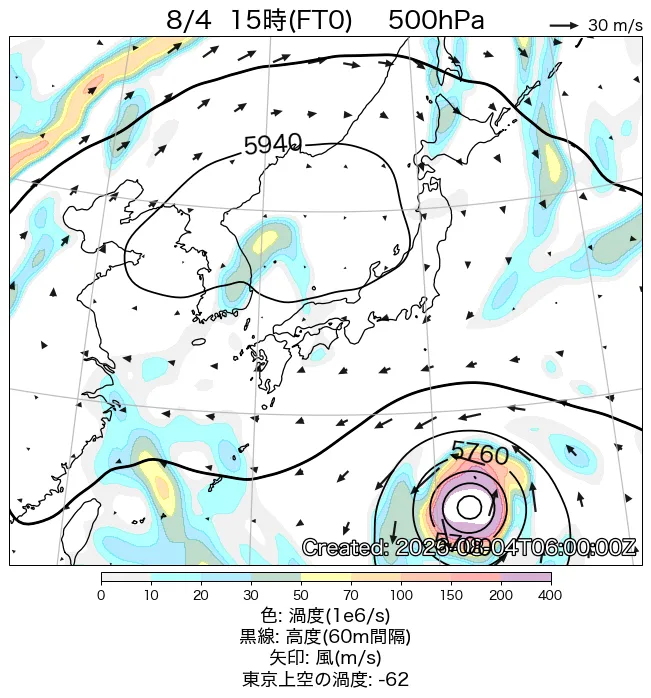 2026年8月4日の日本周辺の500hPa天気図（15時）