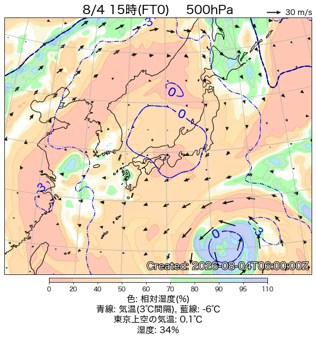 2026年8月4日の日本周辺の500hPa天気図（15時）