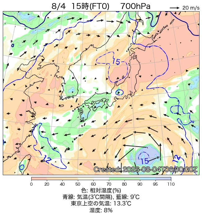 2026年8月4日の日本周辺の700hPa天気図（15時）