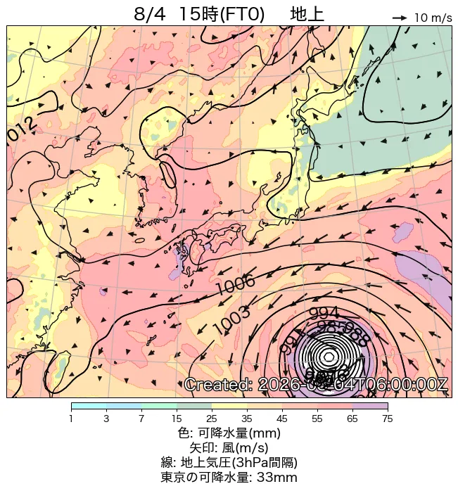 2026年8月4日の日本周辺の地上天気図（15時）