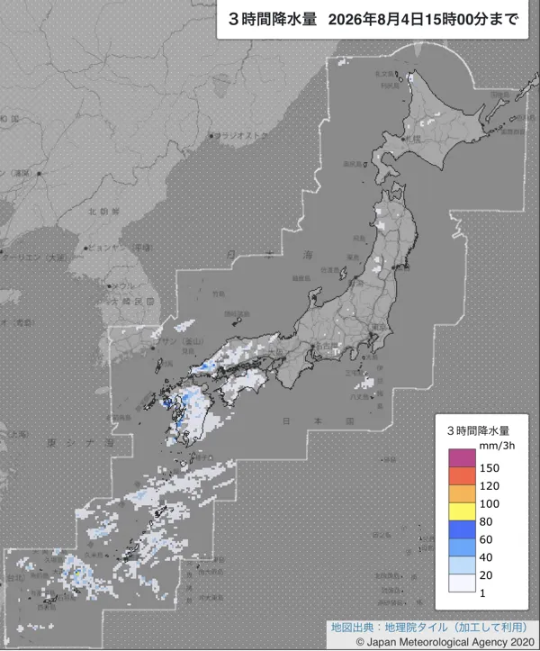 2026年8月4日12〜15時の日本周辺の3時間解析降水量