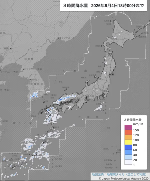2026年8月4日15〜18時の日本周辺の3時間解析降水量