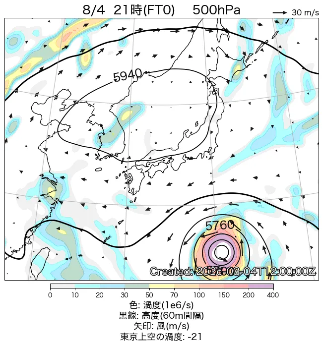 2026年8月4日の日本周辺の500hPa天気図（21時）