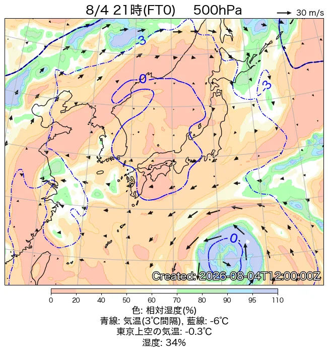 2026年8月4日の日本周辺の500hPa天気図（21時）
