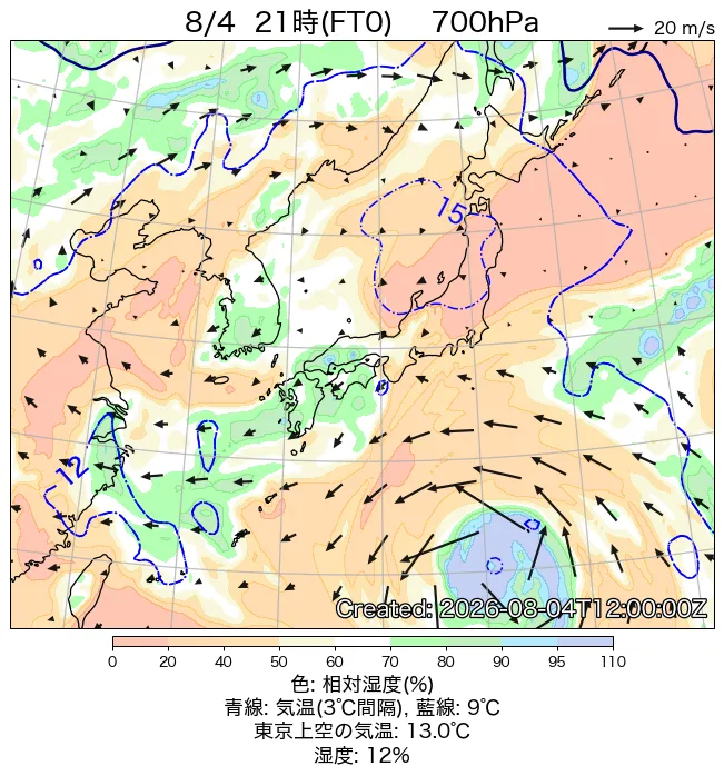 2026年8月4日の日本周辺の700hPa天気図（21時）