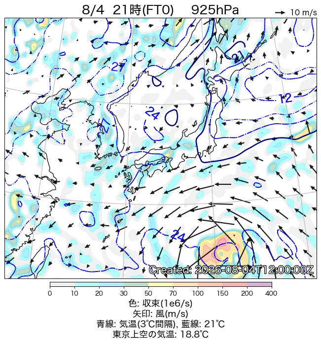 2026年8月4日の日本周辺の925hPa天気図（21時）