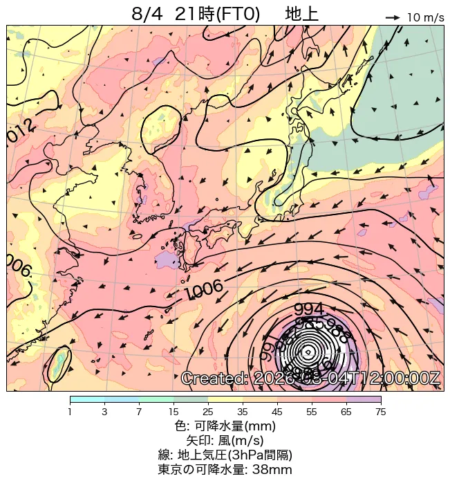 2026年8月4日の日本周辺の地上天気図（21時）