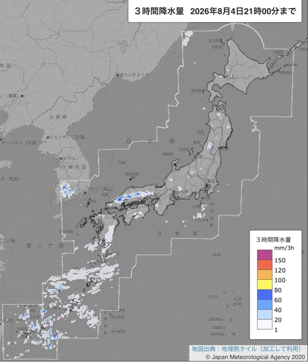 2026年8月4日18〜21時の日本周辺の3時間解析降水量