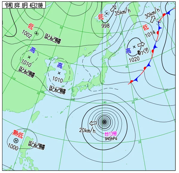 2026年8月4日21時の速報天気図