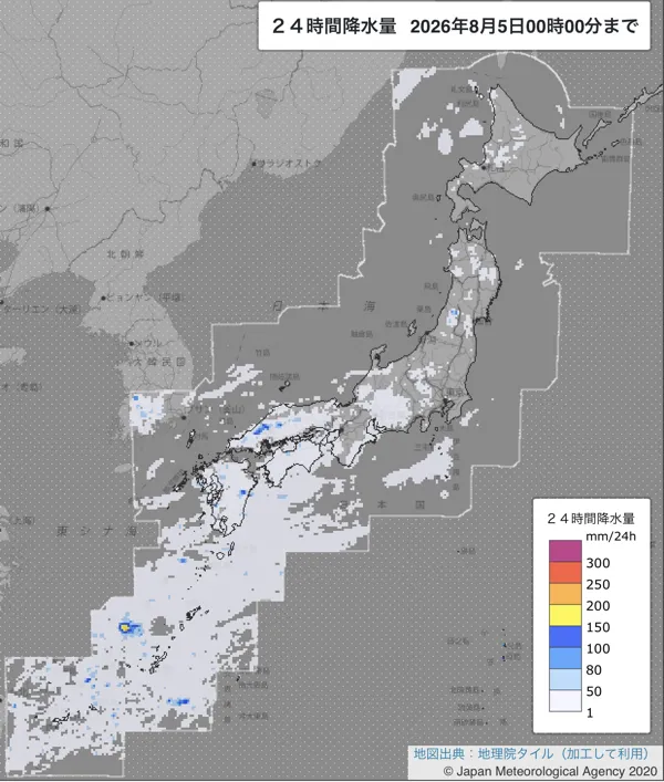 2026年8月4日の日本周辺の日解析雨量の図
