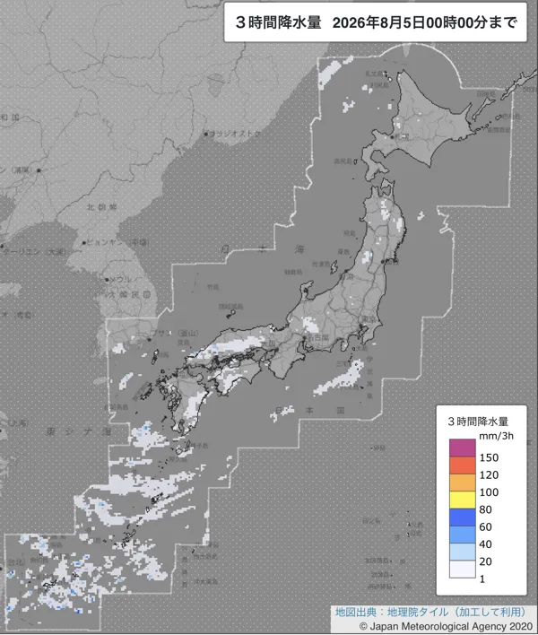 2026年8月4日21〜24時の日本周辺の3時間解析降水量