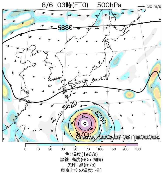 2026年8月6日の日本周辺の500hPa天気図（3時）