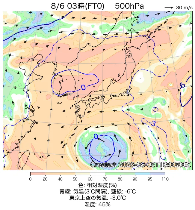 2026年8月6日の日本周辺の500hPa天気図（3時）