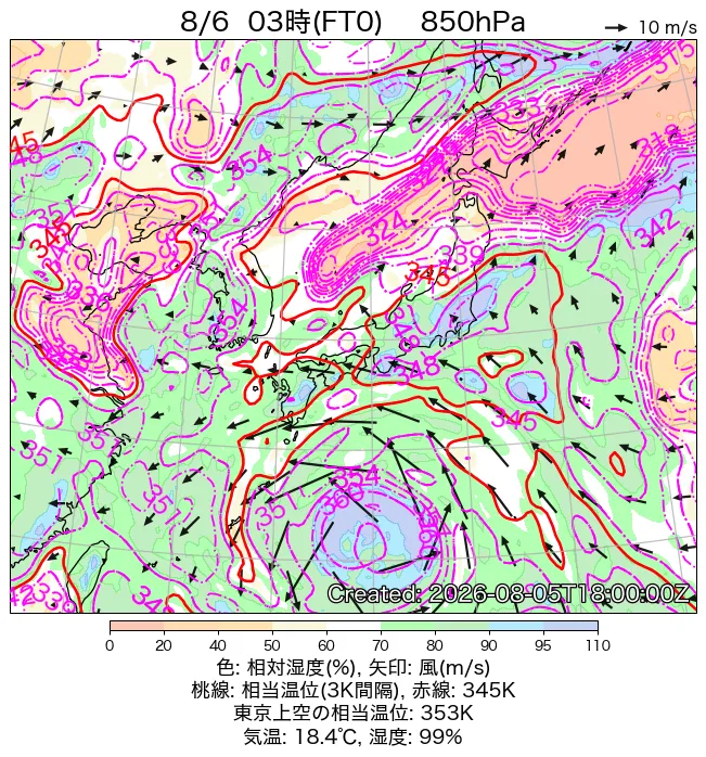 2026年8月6日の日本周辺の850hPa天気図（3時）