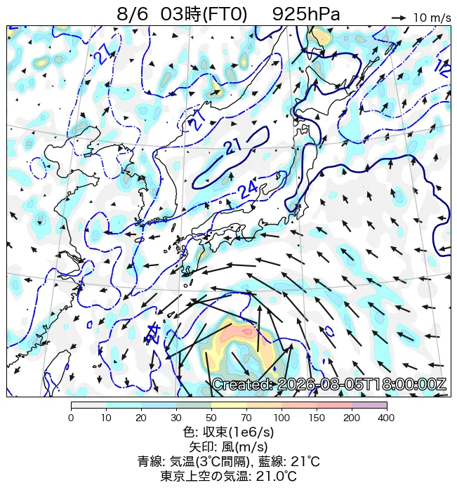 2026年8月6日の日本周辺の925hPa天気図（3時）