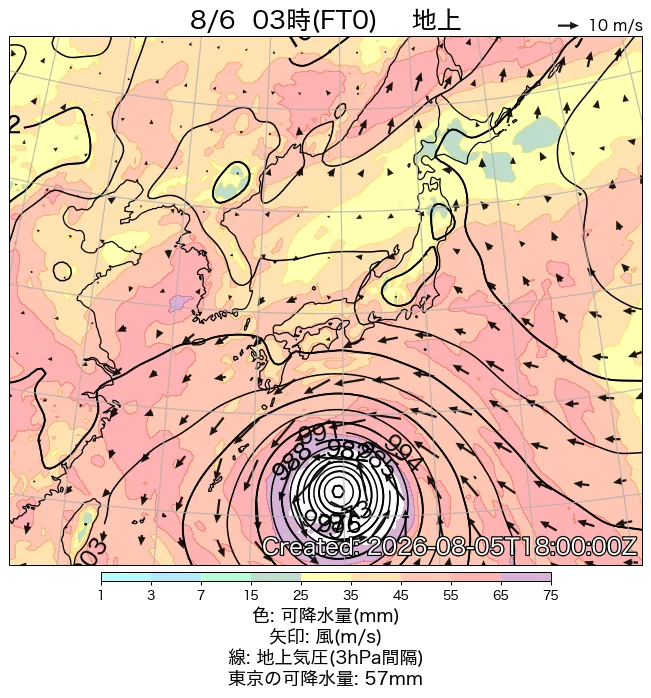 2026年8月6日の日本周辺の地上天気図（3時）