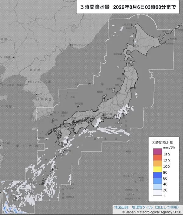 2026年8月6日0〜3時の日本周辺の3時間解析降水量