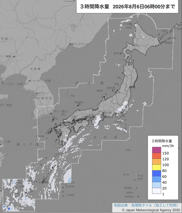 2026年8月6日3〜6時の日本周辺の3時間解析降水量