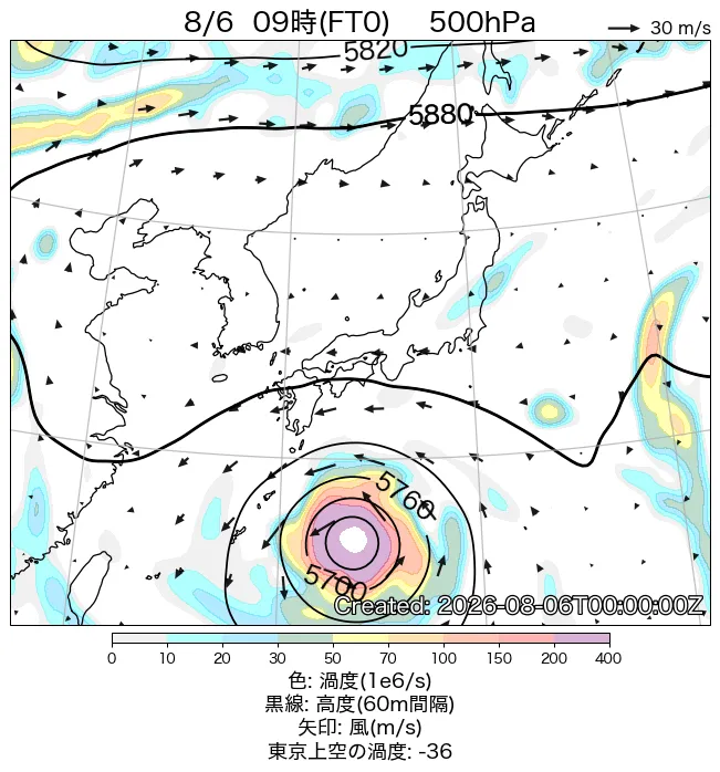 2026年8月6日の日本周辺の500hPa天気図（9時）