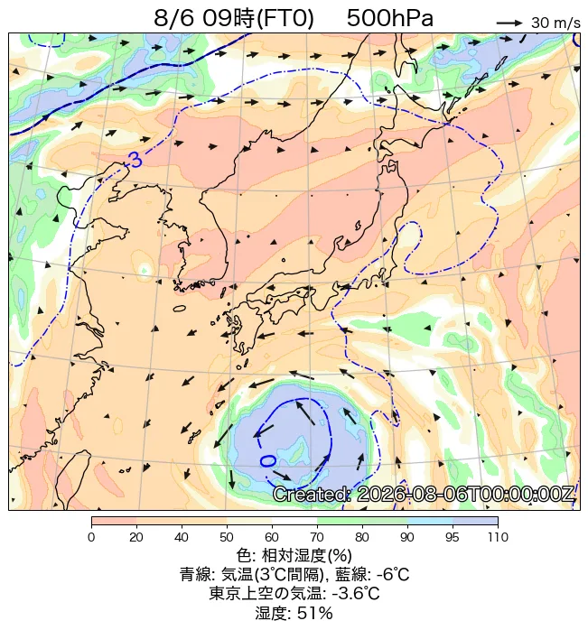 2026年8月6日の日本周辺の500hPa天気図（9時）