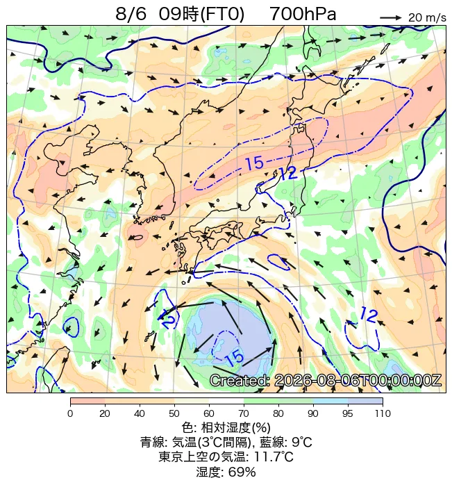 2026年8月6日の日本周辺の700hPa天気図（9時）