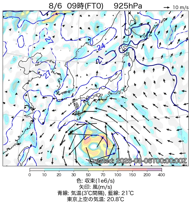 2026年8月6日の日本周辺の925hPa天気図（9時）