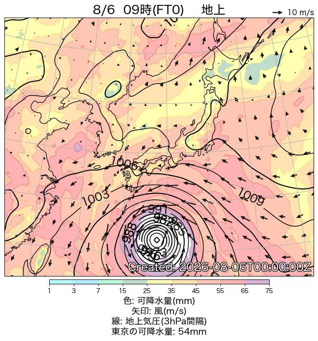 2026年8月6日の日本周辺の地上天気図（9時）