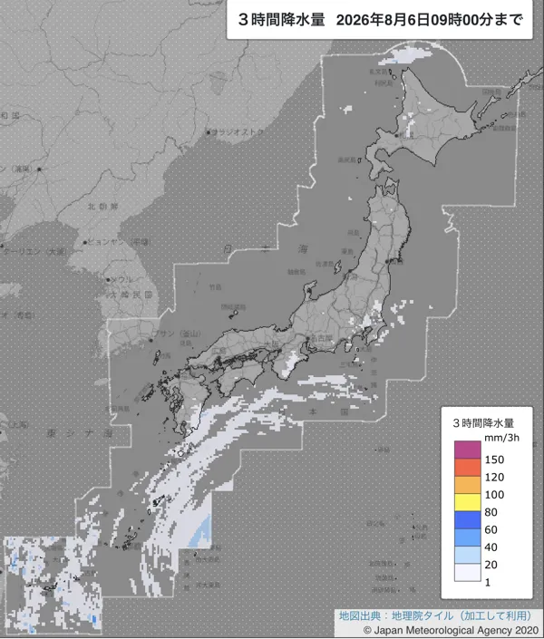 2026年8月6日6〜9時の日本周辺の3時間解析降水量