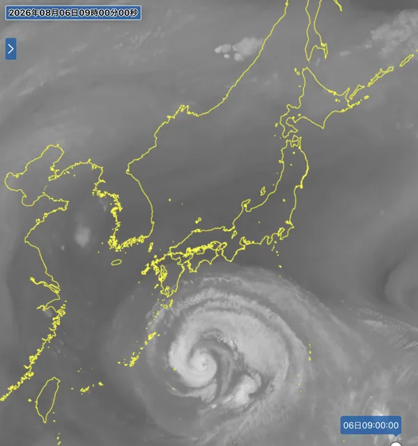 2026年8月6日9時の日本周辺の衛星水蒸気画像