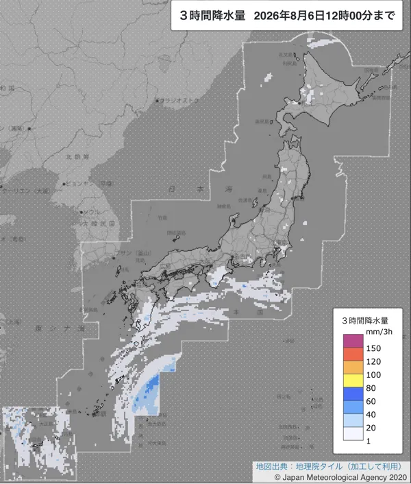 2026年8月6日9〜12時の日本周辺の3時間解析降水量