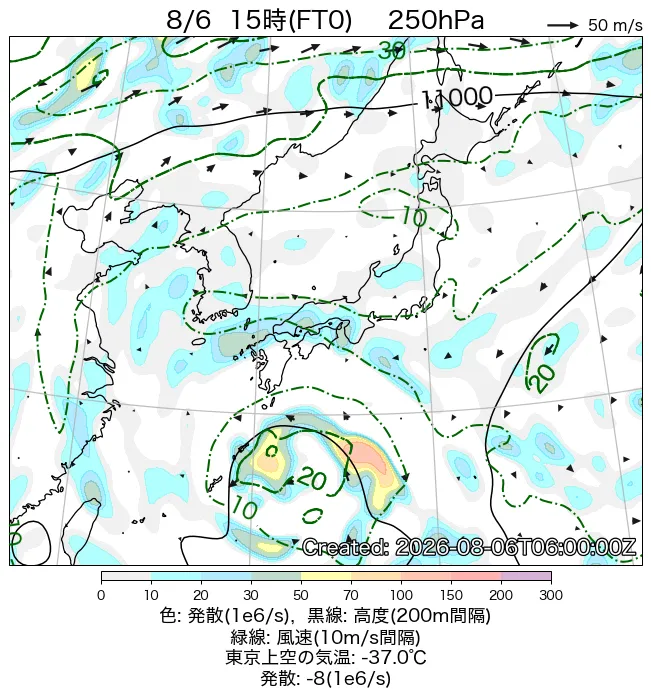 2026年8月6日の日本周辺の250hPa天気図（15時）