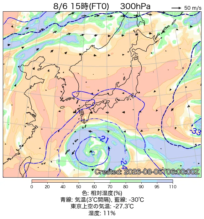 2026年8月6日の日本周辺の300hPa天気図（15時）