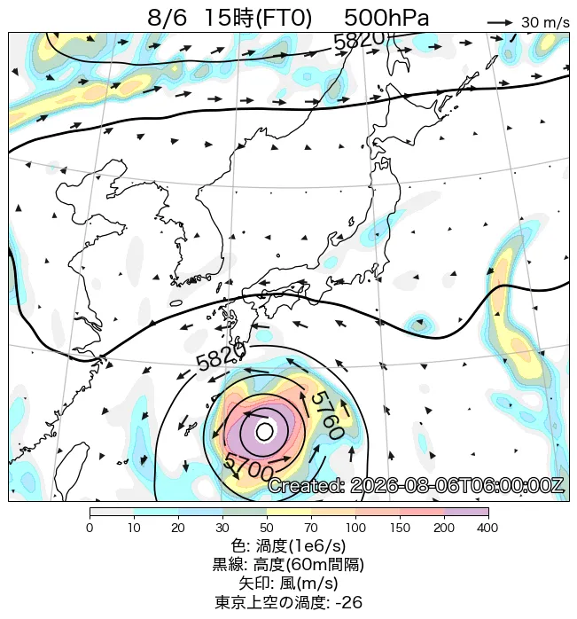 2026年8月6日の日本周辺の500hPa天気図（15時）