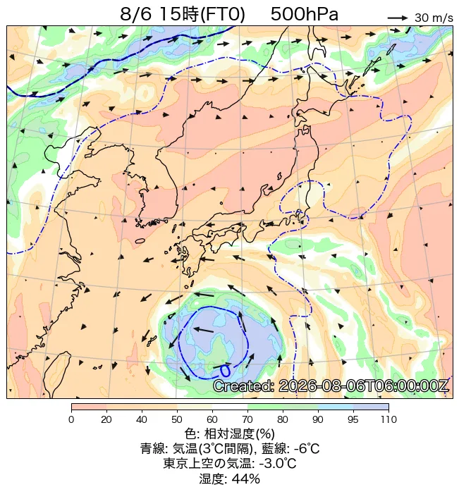 2026年8月6日の日本周辺の500hPa天気図（15時）