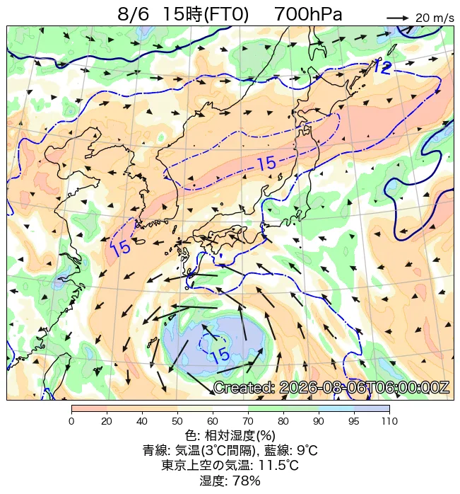 2026年8月6日の日本周辺の700hPa天気図（15時）