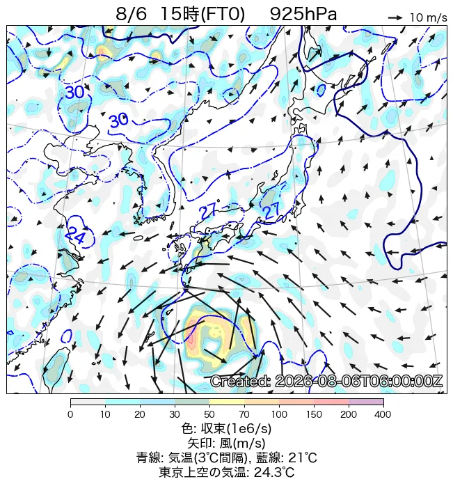 2026年8月6日の日本周辺の925hPa天気図（15時）